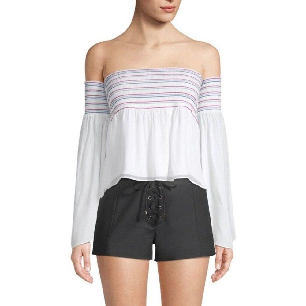 NWOT RAMY BROOK Giuliana White Silky Smocked Off Shoulder Blouse Top, Size XS - Picture 1 of 12